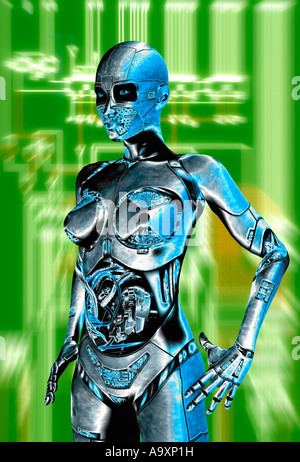 futuristische 3D Computer generierte weibliche Roboterkopf bionische Augen Gerät mit elektronischen Leiterplatte im Hintergrund ausgestattet Stockfoto