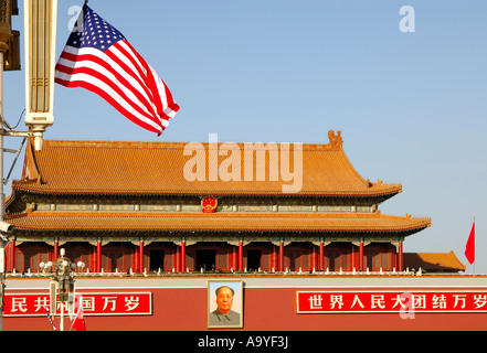 US-Flagge auf dem Tienanmen-Platz, Staatsbesuch von Präsident Bush in China, 2005, Beijing China Stockfoto