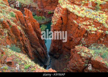 Blick vom Oxers Lookout in Rot Schlucht mit Junction Pool, Karijini-Nationalpark, Pilbara-Region, Australien Stockfoto