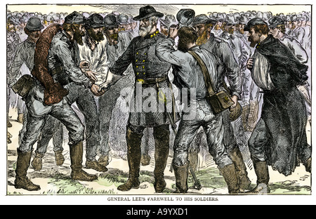 Konföderierte General Robert E Lee Abschied von seinen Soldaten nach der Kapitulation bei Appomattox 1865. Hand - farbige Holzschnitt Stockfoto