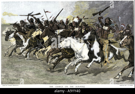 Sioux Krieger der Sonne Pole zu Pferd 1800. Hand - farbige Holzschnitt von Frederic Remington Abbildung Stockfoto