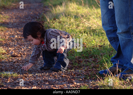 Vater und Kind abholen lässt Steinen aus einem Pfad Stockfoto