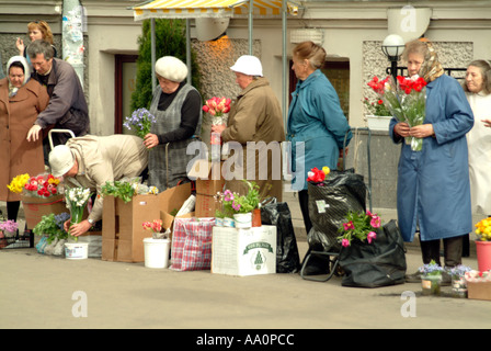 Russische Frauen blühen Verkäufern bei Vosstaniya Metro Station St.Petersburg Russland Stockfoto