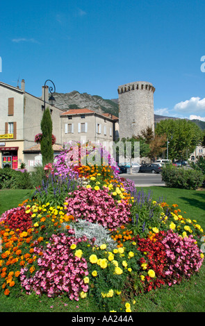 Blume-Anzeige in der Altstadt, Sisteron, Provence, Frankreich Stockfoto