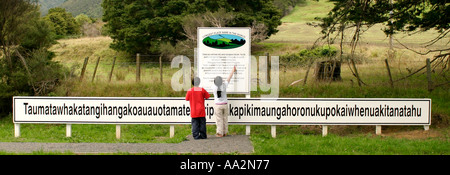 Panoramablick von Kindern auf der längste Ortsname der Welt-Neuseeland Maori-Sprache Stockfoto