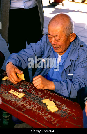 Chinesischer Mann, alter Mann, reifer Mann, Domino, Domino spielen, Tempel des Himmels Park, Tiantan Park, Peking, Peking, China, Asien Stockfoto