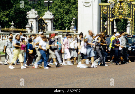 Menge von Menschen zu Fuß auf der anderen Straßenseite vor Buckingham Palace London am Fußgängerüberweg Stockfoto