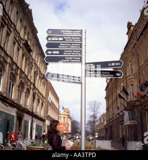 Cardiff Straßenschilder zeigen die Wegbeschreibung zu verschiedenen Straßen und Parks In Cardiff City Centre Wales Großbritannien KATHY DEWITT Stockfoto