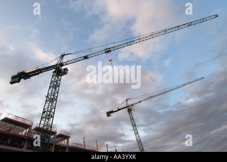 Zwei Kräne auf einer Baustelle am späten Abend aus einem niedrigen Winkel genommen Stockfoto