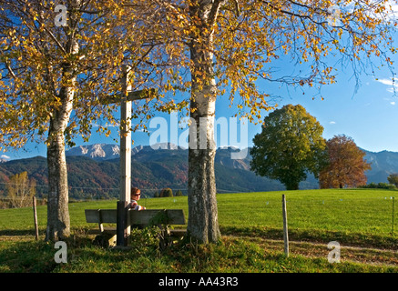 Kreuz auf einen Weg unter herbstlichen Birken, Walker sitzt auf einer Bank, Roßhaupten, Allgäu, Allgäu, Bayern, BRD Stockfoto