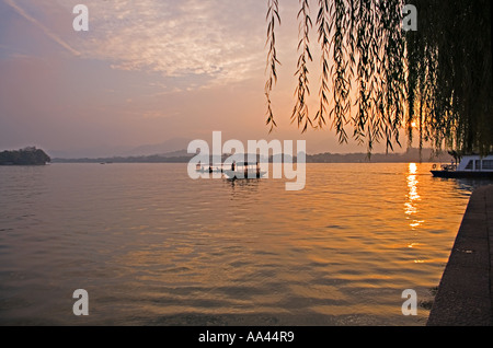 CHINA-HANGZHOU-Tour Boote dargelegt bei Sonnenuntergang unter Trauerweiden am Ufer der Westsee in Hangzhou China Stockfoto