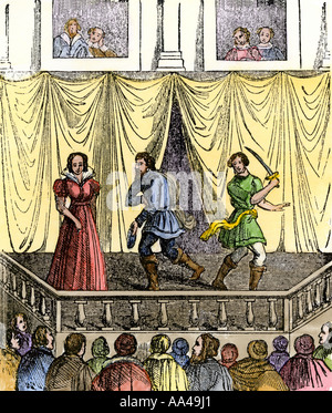 Blick auf die Bühne und Balkon in einem Elisabethanischen Theater. Hand - farbige Holzschnitt Stockfoto