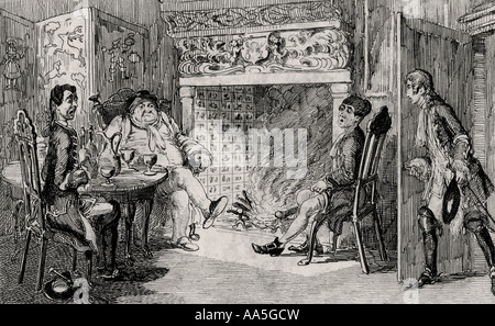 Francis Osbaldistone bei Squire Inglewood's. Gravur von Cruikshank datiert 1842 aus einer Szene aus Sir Walter Scotts Roman Rob Roy. Stockfoto