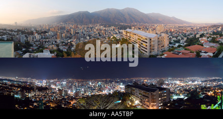 Tag und Nacht Panorama von Caracas, Venezuela mit dem Avila Berg im Hintergrund Stockfoto