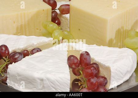 Brie French Cheese edamer Käse gelbe Platte mit Trauben Dessert Stockfoto