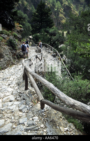 Rucksacktouristen, die den steilen Serpentweg mit hölzernen Geländern, umgeben von Bäumen, hinunter gehen, der in die Samaria-Schlucht, Kreta führt Stockfoto