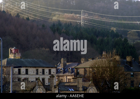 Strom Kabel die späten Sonne zu fangen, wie sie zwischen Bäumen über Bingley übergeben Stockfoto