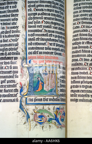 Details aus einer Handschriftenbibel aus dem Jahr 1407 in Malmesbury Abbey, Wiltshire UK, ausgestellt Stockfoto