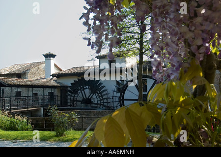 Eine hölzerne Wassermühle im Frühjahr Stockfoto