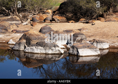 Felsbrocken und Reflexionen entlang der sandigen Küste von Billabong in Western Australia Avon River in den Busch in der Nähe von Toodyay Stockfoto