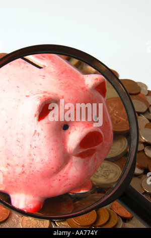 Sparschwein und Geld unter die Lupe. Stockfoto