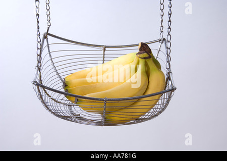 Eine Reihe von Bananen in eine hängenden Korb Draht Stockfoto