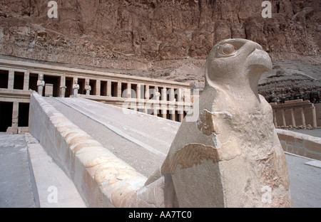 Steinstatue Gottes Horus Falke Hatshepsuts Nekropole an Deir el Bahri Theben Luxor Ägypten Rampe zur oberen Terrasse Stockfoto