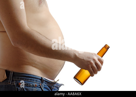 Dicker Mann mit einer Bierflasche Stockfoto