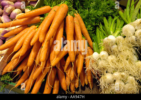 Bündel von Karotte mit Tops, Bündel weißen Zwiebeln und Rüben in loser Schüttung in einem Stall. Stockfoto