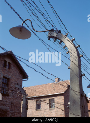 Detail der post Unterstützung der elektrischen Stacheldrahtzaun und Lampe, Auschwitz, Oswiecim, malopolska, Polen. Stockfoto