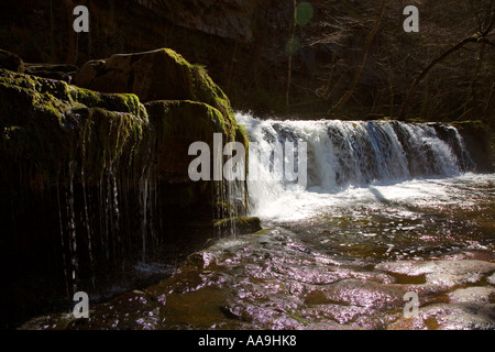 Moos bedeckt Drop in Kaskaden auf dem Afon Nedd Fechan Wasserfälle Spaziergang Brecon Beacons Nationalpark Wales UK Stockfoto