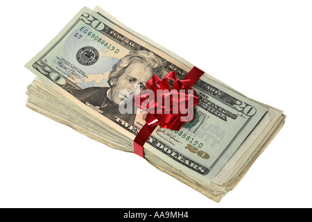 Stapel von Geld mit roter Schleife Stockfoto