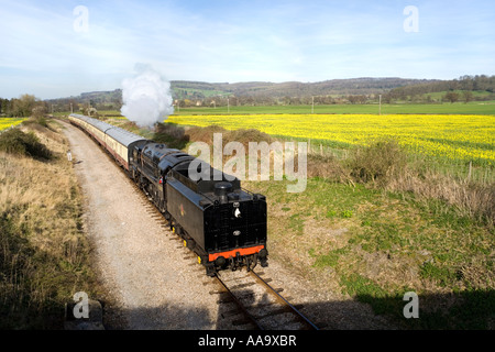 Dampfzug 92203 "Black Prince" auf der Gloucestershire Warwickshire Railway nähert sich die Brücke bei Hailes, Gloucestershire Stockfoto