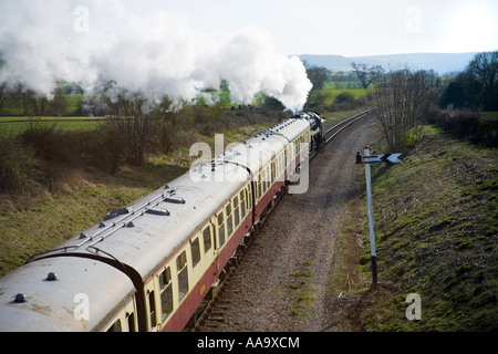 Dampfzug 92203 "Black Prince" auf der Gloucestershire Warwickshire Railway Unterquerung der Brücke bei Hailes, Gloucestershire Stockfoto