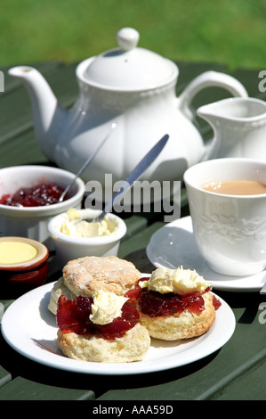 Sahne-Tee, Tee, traditionellen Cream Tea und Scones mit Marmelade und Clotted cream Stockfoto