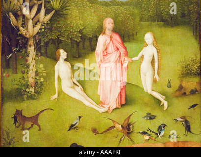 Adam und Eva dargestellt in The Garden of Earthly Delights Gemälde von Hieronymus Bosch Stockfoto