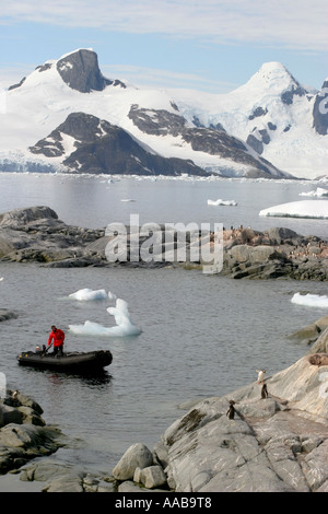 Zodiacs Landung Antarktis Kreuzfahrt-Passagiere auf Petermann Island von den 10 am häufigsten besuchten Websites in der Antarktis Stockfoto