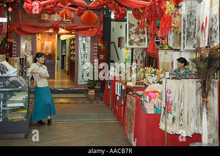 Pagoda Street shop verkaufende chinesische Haushaltswaren mit Assistent Standby Anzeige bei Nacht Outram Chinatown Singapur Stockfoto