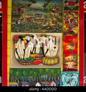 Moderne Künstler impressionistische karibische Malerei auf dem Display auf eine Ladenfront in St Johns der Hauptstadt von Antigua, West Indies Stockfoto