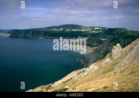 DREI KLIPPEN BUCHT GESEHEN VON PENNARD KLIPPEN, GOWER HALBINSEL, WEST GLAMORGAN, SÜD-WALES, GROßBRITANNIEN Stockfoto