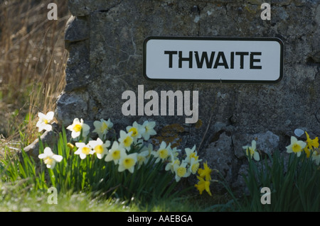 Stein mit Inschrift am Eingang zum Dorf Thwaite oberen Swaledale North Yorkshire England UK Europäischen Stockfoto