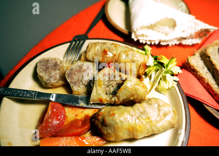 Traditionell zu Hause Kohlrouladen zubereitet südslawischen "Sarma" mit Reis und Hackfleisch. Stockfoto