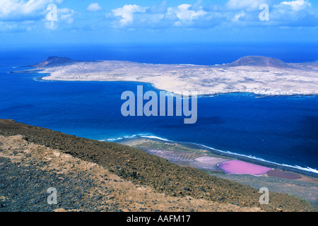 Insel La Graciosa gesehen vom Mirador del Rio auf 600m-Felsen Risco de Famara Lanzarote-Kanarische Inseln-Spanien-JMH0590 Stockfoto