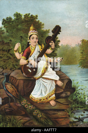 Saraswati die Göttin des Wissens Lernen spielt Streichinstrument Veena, Indien, Raja Ravi Varma Stockfoto