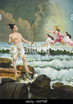 Rama während er den Ozean auf seinem Weg nach Lanka überquert, bringt den Stolz des Königs des Meeres, Raja Ravi Varma, zum Erliegen Stockfoto