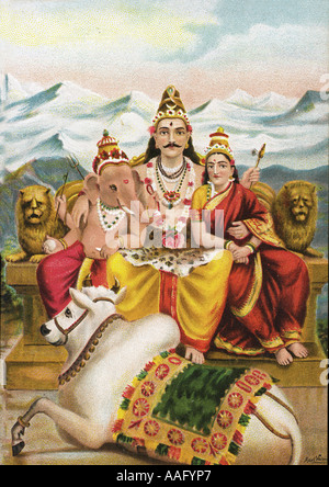 Lord Shankar Shiva mit seinem Sohn Ganesh und seiner Frau Parvati mit seinem Fahrzeug Nandi dpa 78509 ddr Stockfoto