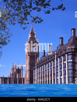 Big Ben und die Houses of Parliament versenkt unter Wasser wegen Überschwemmungen als Folge der globalen Erwärmung. Zusammengesetztes Bild Stockfoto