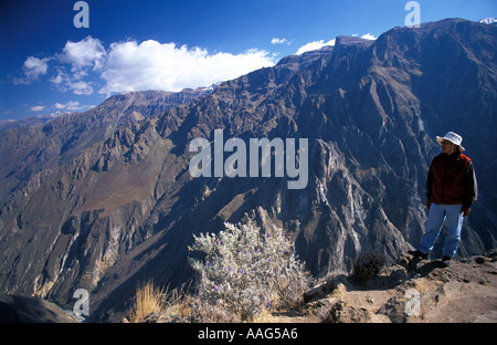 Peruanischen Führer mit Blick auf den Colca Canyon in der Nähe der Sicht für das Ansehen von Kondoren Südamerika Peru S Stockfoto