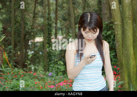 Frau, die SMS auf Handy Stockfoto