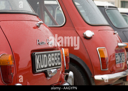 Reihe von rot lackiert klassisch legendären englischen Austin Cooper Autos Stockfoto